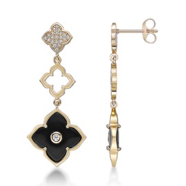 Black Onyx and Cubic Zirconia Three Flower Drop Dangle Earrings for Women I Yellow Gold Plated 925 Sterling Silver Earrings for Her I Push Back by Lavari Jewelers