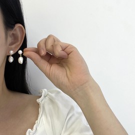 14K Gold Plated Cultured White Baroque Pearl Dangling Drop Earrings for Women Trendy