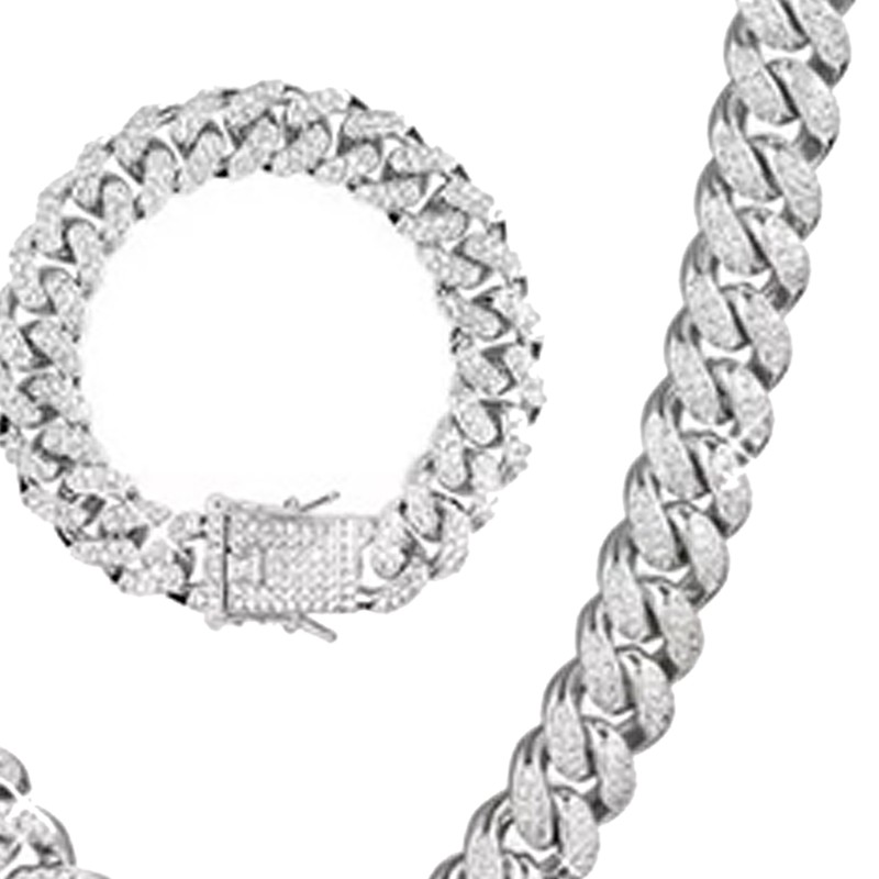 2Pcs Cuban Link Chain Rhinestone Necklace Bracelet Set Gift for