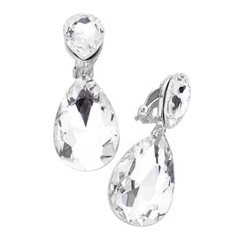 Rosemarie & Jubalee Women's Double Teardrop Statement Glass Crystal Rhinestone Dangle Clip On Bridal Earrings, 2" (Clear Crystal Silver Tone)