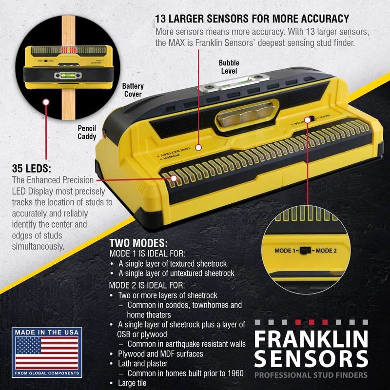 Franklin Sensors ProSensor MAX Stud Finder with 13-Sensors, Wood &