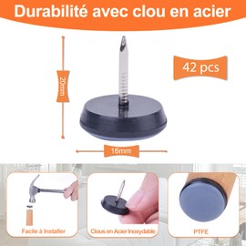 VABNEER 16 mm Furniture Glides with Nails, 42 Pieces PTFE Teflon Round Furniture Sliders for Heavy Furniture, Smooth Floors and Carpets