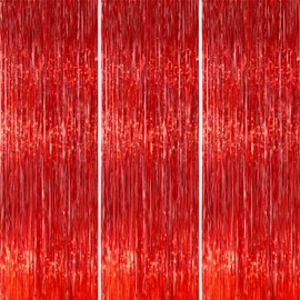 PartyWoo Red Streamers Fringe Curtain Backdrop 3 pcs 8.2 ft Tinsel Foil Backdrop for Baby Shower Graduation Birthday Girls Mothers Day Casino Firefighter Red Carpet Cherry Theme Party Decorations