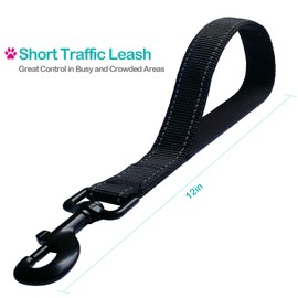 Short Dog Leash - Traffic Padded Handle - Heavy Duty - Short Nylon Dog Lead for Training Control - Reflective Threads Pet Leashes for Large Dogs and Medium Dogs (12 Inch, Reflective Black)