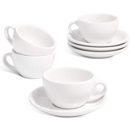 LE TAUCI 6 oz Cappuccino Cups with Saucers, Ceramic Coffee Cup for Au Lait, Double shot, Latte, Cafe Mocha, Tea - Set of 4, White