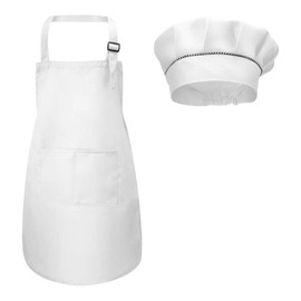 Fodlon Kids Apron and Chef Hat Set, Adjustable Children Kitchen Chef Apron with Pockets for Cooking Baking Painting 4-12 Years Old (White, Large)