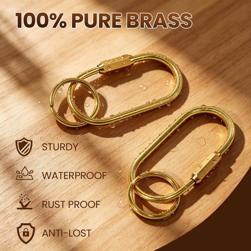 Solid Brass Key Ring, Gold Brass Key Ring Carabiner, Keychain