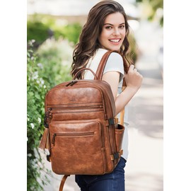 Shrrie Laptop Backpack for Women,Vegan Leather Backpack Work Computer Backpacks fits 16" Laptop,Water Resistant Teacher Nurse Casual Daypack for Weekender Camping Travel,Two-toned Brown