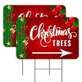 2 Pack Christmas Trees (Arrow) Yard Signs 16" x 24" - Double-Sided Print, with Metal Stakes 841098110864