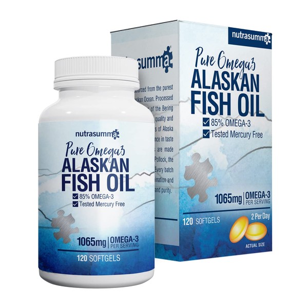 Nutrasumma High Purified Omega 3 Supplement Wild Alaskan Fish Oil Burpless & No Fishy Taste, 650mg EPA &270mg DHA of 1250mg Fish Oil softgels, Gluten Free, Heart, Brain& Immune Support, 60 Servings