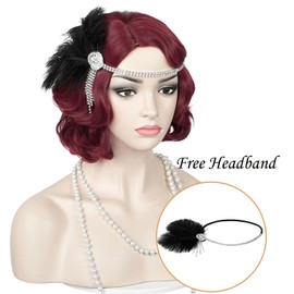 Aicos 1920s Flapper Wavy Wig with Headband Finger Wavy Vintage Wig, Side parting 1960s vintage wig curl wavy wig cosplay wig platinum wig vintage wig for lady costume wig Premium wig (Dark Red)