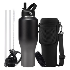 40oz Insulated Water Bottle Tumbler with Straw - Auto Spout Lid, Protective Boot, Carrier Pouch, Vacuum Stainless Steel Water Bottles Leak-proof, Skinny Thermo Mug Flask Fit in Car Bike Cup Holder