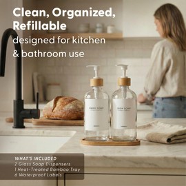Maisonovo Glass Soap Dispenser Bathroom Set | Hand Soap and Dish Soap Dispenser Set | 16.9oz Clear Bottles with White Bamboo Pump | Bathroom Lotion Dispenser with Pump Set of 2