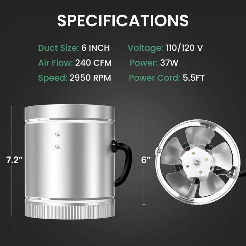 InfiniPower 6 Inch Inline Duct Fan 240 CFM, HVAC Booster