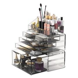 READAEER Organizador de maquillaje, 3 piezas, estuche de almacenamiento de cosméticos con 6 cajones (transparente)