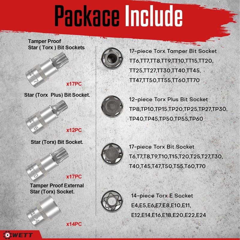 WETT Master Torx Bit Socket and External Torx Socket Set,