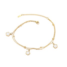 UOOANUO Ankle Bracelets for Women 14k Gold Plated Waterproof Layered Stainless Steel Link Chain Anklets Gold Anklets Jewelry Adjustable Size (Clover-White)