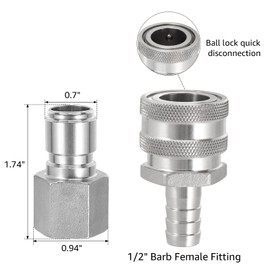 Hgkeke Stainless Steel Quick Disconnect 1/2" Barb Quick Disconnect Brewing 1/2 NPT Female Disconnect Homebrew for Wort Chiller Connectors Ball lock Fitting Barb Fitting
