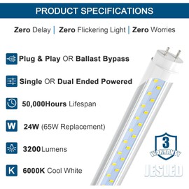 JESLED 4FT LED T8 Type A+B Tube Lights, 24W(65W Equivalent), 3200LM, 6000K, Single or Double End Powered, Plug and Play or Ballast Bypass, 4 Foot T10 T12 Fluorescent Bulbs Replacement, Clear(4-Pack)