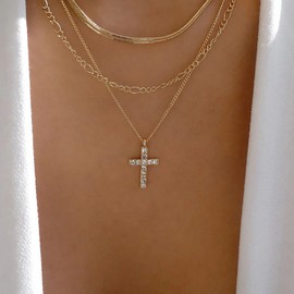 Andelaisi Boho Layered Crystal Cross Choker Necklace Vintage CZ Cross Pendant Necklace Gold Cross Snake Chain Necklace Multilayered Cross Statement Necklace Jewelry for Women