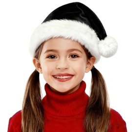 Ankelesz Black Santa Hat for Kids Christmas, Plush Xmas Party Velvet Classic Fur Santa Claus Outfit