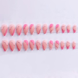 MERVF Almond Press on Nails Medium Lenght Fake Nails Press ons French Tip Pink Glue on Nails Glitter Stripe Stiletto Acrylic False Nails with Geometric Design 24pcs Matte