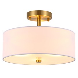 Ludil 3-Light Semi Flush Mount Ceiling Light Fixture, 13" Gold Drum Light Fixture, Modern Close to Ceiling Light with White Fabric Shade Lamps for Bedroom Living Dining Room Kitchen Hallway Entryway