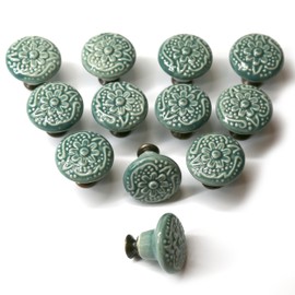 Auped 12 Vintage Style Furniture Knobs 34 mm for Kitchen Cabinet Vintage Drawer Knobs Retro Furniture Knobs Flower Design Drawer Knobs for Furniture Drawer Cabinet (Green)