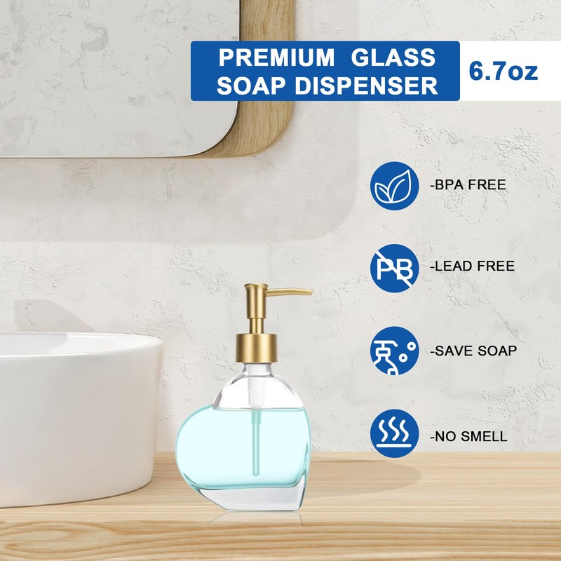 UHEY HOME Glass Soap Dispenser Bathroom, Heart-Shaped 6.7oz Refillable Liquid