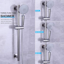 kimzcn Shower Slide Bar with three Function Massaging Hand Shower Head Adjustable SUS 304 Stainless Steel Polished D500011C