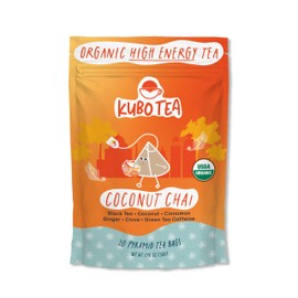 Kubo Tea, Coconut Chai Black Tea, Organic High Caffeine Blend, 20 Servings (155mg Caffeine each), Pyramid Tea Bags, Compostable & Biodegradable Packaging, Brew Hot or Iced, Healthy Coffee Substitute