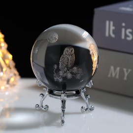ZMCRAFT 60mm 3D Laser Owl Crystal Ball, Glass Sphere Paperweight Home Decor Owl Figurine Crafts with Free Metal Stand. Ideal Gift Choice.