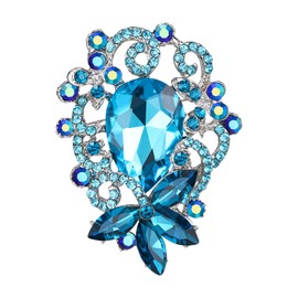 BriLove Elegant Crystal Teardrop Marquise Bouquet Brooch Pin for Women Blue Topaz Silver-Tone