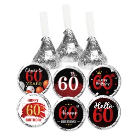 Happy 60th Birthday Party Favor Labels Chocolate Kisses Candy Stickers - Sixty Years Old Birthday Round Candy Sticker Party Favors - Black and Red - 150 Stickers ﻿