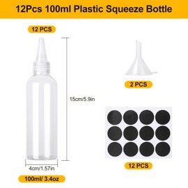 Amentalove 12PCS 100ml Squeezy Bottles with Nozzles, Small Squeeze Bottle, Squeezy Sauce Bottles, Clear Plastic Condiment Bottle with Funnels Labels for Sauce Oil Ketchup DIY Crafts