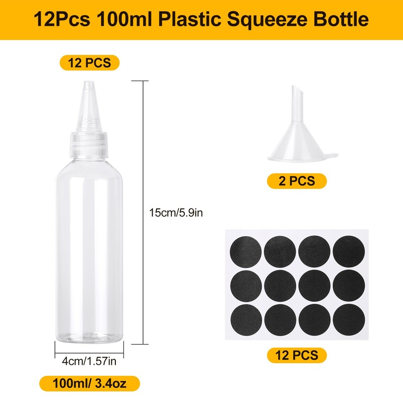 Amentalove 12PCS 100ml Squeezy Bottles with Nozzles, Small Squeeze Bottle,