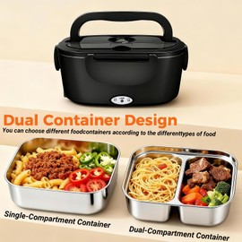 CDBEEE Electric Lunch Box for Adults, 80W Heated Lunch Box Food Heater with Dual 1.5L SS Containers, 12V/24V/110V 3 in 1 Portable Food Warmer for Work,Car,Truck,Office,Home