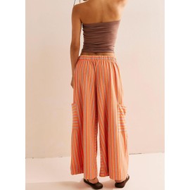 EVALESS Palazzo Pants for Women Trendy 2025 Wide Leg High Waisted Summer Beach Loose Striped Trousers with Pockets Orange M