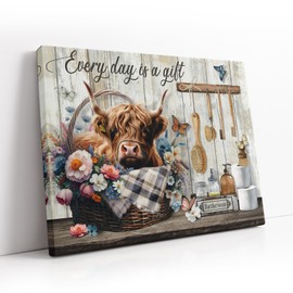 Funny Bathroom Wall Art Decor Highland Cow Canvas Wall Art Farmhouse Bathroom Decor Country Cattle Pictures Vintage Flower Butterfly Print Painting Picture Framed for Bathroom Bedroom Home Wall Art