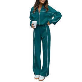 BTFBM Women's Two Piece Tracksuit Fall 2025 Long Sleeve Zip Up Sweatshirt Long Pants Outfits Jogger Sweatsuit Sets(Solid Blue Green,X-Small)