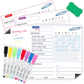 Magnetic Dry Eraser Chore Chart for Multiple Kids - 3 Pack Dry Erase Behavior Chart (25 x 25 cm) 1 Whiteboard Planner (20 x 15 cm) & 8 Fine Tip Eraser Cap Markers, Behavior Chart for Fridge