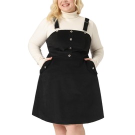 Agnes Orinda Plus Size Corduroy Pinafore Short Dress for Women Adjustable Strap Overall Dress Suspender Skirt 1X Black