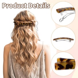 Lnngub 4 Pcs French Barrette Hair Clips,2.56 Inch Small Tortoise Shell Curved Glossy Thin Fine Flat Hair Barrettes for women (Black,White,Leopard Color,Amber)
