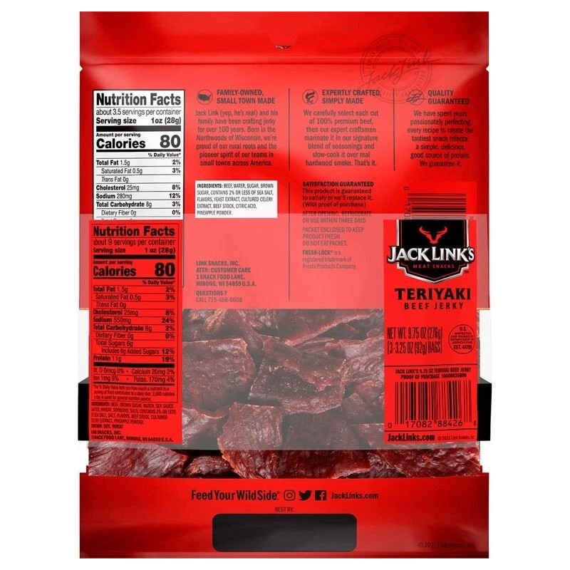 JACK LINK'S TERIYAKI BEEF JERKY 3.25OZ, 3 PACK X 2