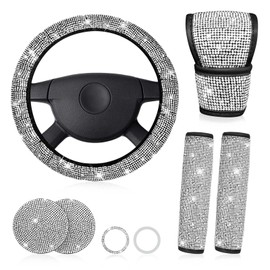 4 Sets glitzernde Autozubehör für Damen, 38,1 cm (15 Zoll), glitzernde Lenkradabdeckung, universelles Autozubehör-Set, Auto-Dekorationen für den Innenbereich, weiße Auto-Dekoration für Frauen