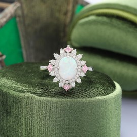 IRROYA October Birthstone Engagement Ring for Women Created Opal 925 Sterling Silver Accent with Pink Sapphire Vintage Cocktail Promise Ring for Her Size 8