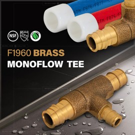 Midline Valve S1228-5 PEX A Monoflow Tee Pipe Fitting for Hydronic Heating Applications; 3/4 in. x 3/4 in. x 1/2 in. Pex Connections; Brass (5 Pack)