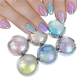 6 Jars Mermaid Chrome Nail Powder Aurora Nail Glitter Metallic Mirror Effect Pigment Iridescent Dust Nail Art Powder for Women Girls Nail Art Supplies Chrome Gel Nail Polish Nail Decoration
