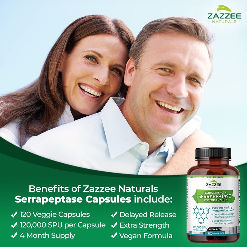 Zazzee Delayed Release Serrapeptase, 120,000 SPU per Capsule, 120 Vegan