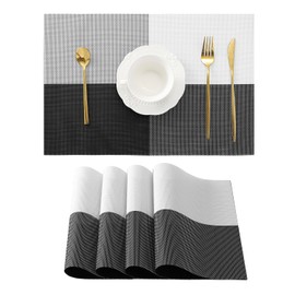 Leetaltree Gray with White Grid Pattern Placemats Set of 4 - Heat Resistant Non-Slip Place mats for Dining Table, Washable Durable PVC Vinyl Woven Table Mats（Grey Grid, 4）